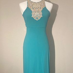 Teal floor-legnth beaded cross-back dress